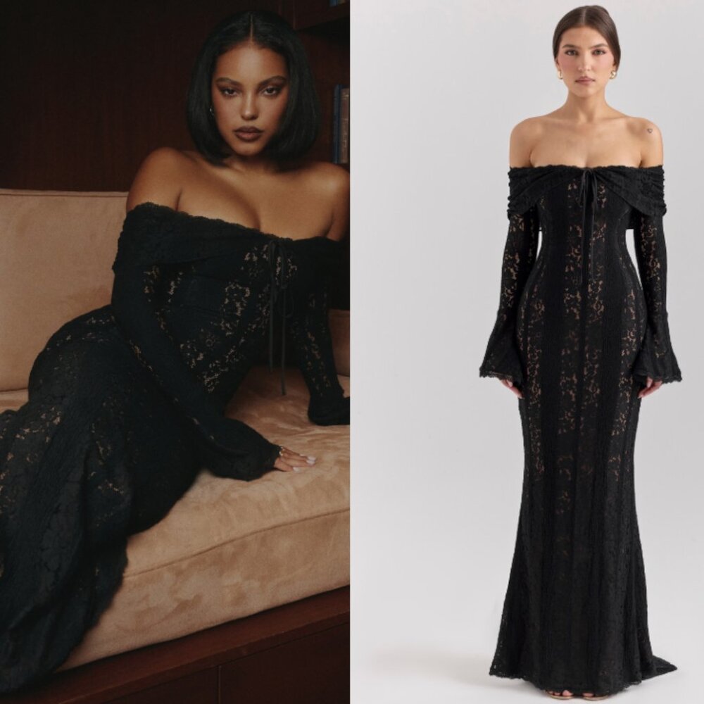 HOUSE OF CB 'Belle' Black Off Shoulder Floral Lace Maxi Dress NWOT